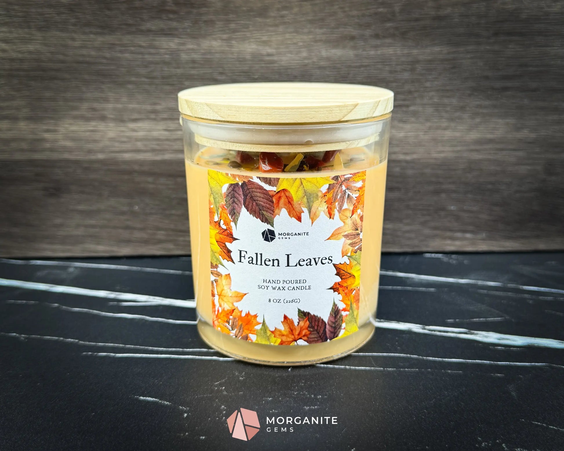 Fallen Leaves Candle – 8 oz Autumn Scented Soy Candle with Crystals & Dried Leaves | Cinnamon Apple Citrus | Fall Decor