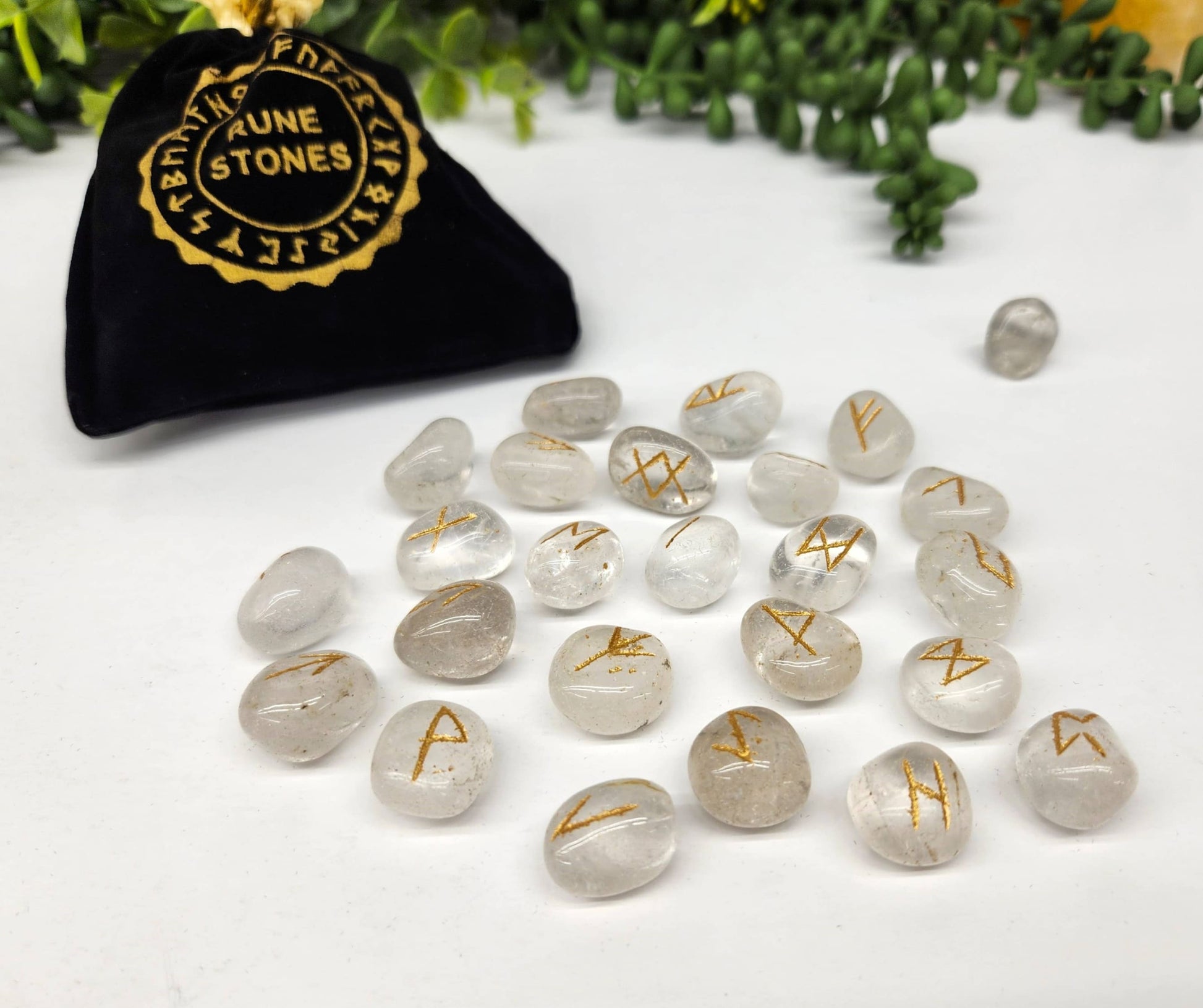 Clear Quartz Gemstone Rune Sets with Velvet Pouch-Morganite Gems