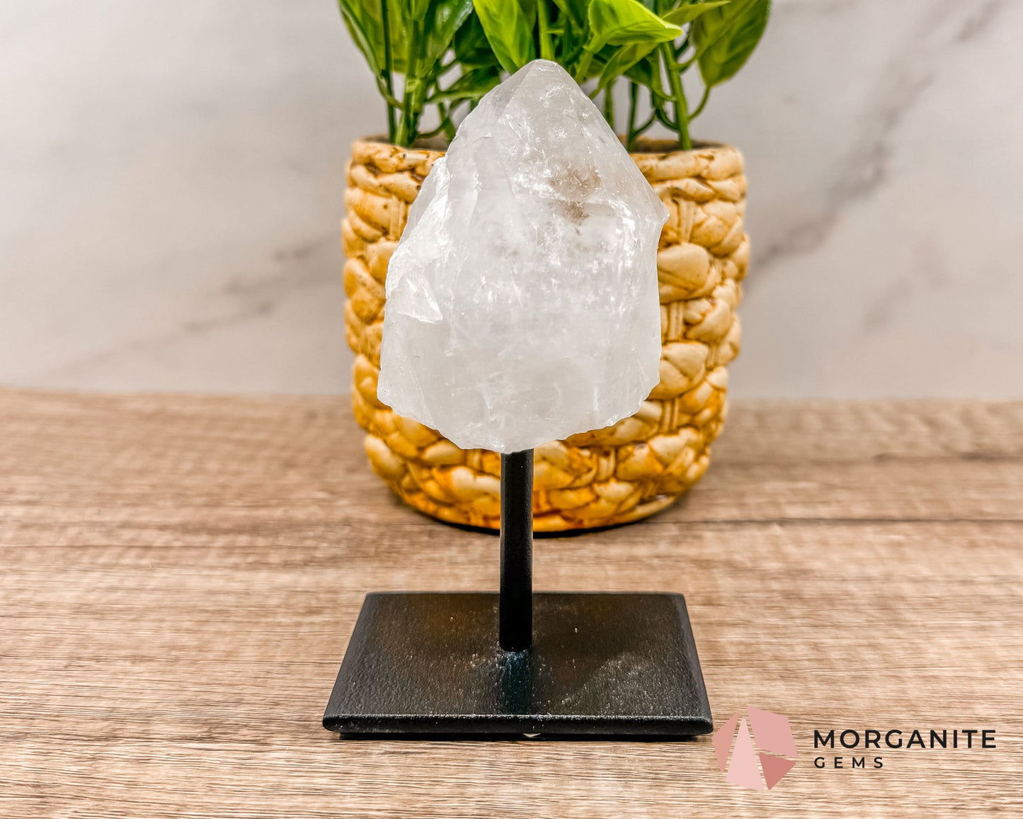 Clear Quartz Point on Metal Stand – Energy Amplifying Crystal for Clarity, Healing & Focus-Morganite Gems