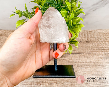 Clear Quartz Point on Metal Stand – Energy Amplifying Crystal for Clarity, Healing & Focus-Morganite Gems