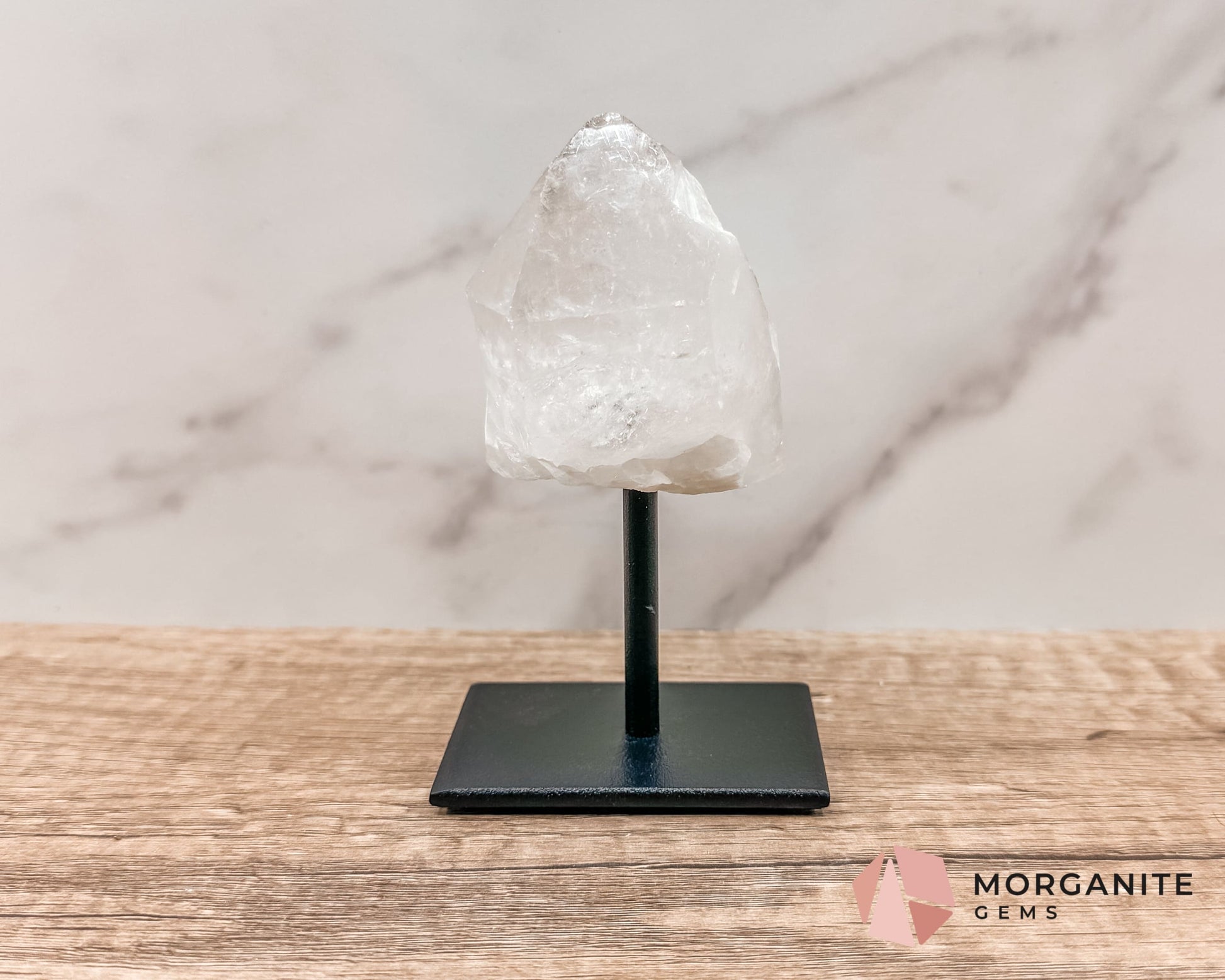 Clear Quartz Point on Metal Stand – Energy Amplifying Crystal for Clarity, Healing & Focus-Morganite Gems