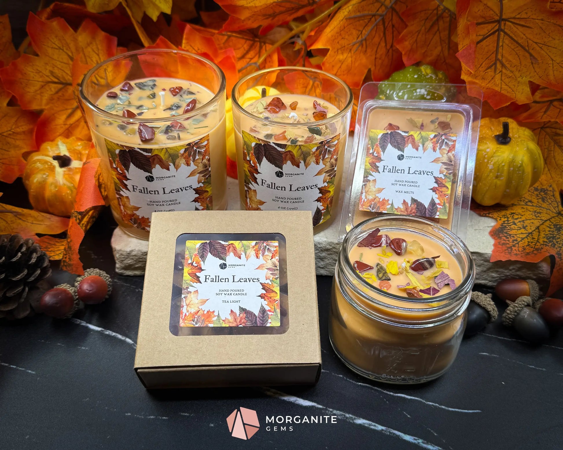 Fallen Leaves Candle Collection – Choose Size | Autumn Crystal Candle & Wax Melts | Apple Berry Cinnamon | Fall Decor