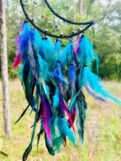 Medium Wall Hanging Crescent Moon Dream Catcher with Black Purple Green Blue Feathers and Charm Modern Boho Style Home