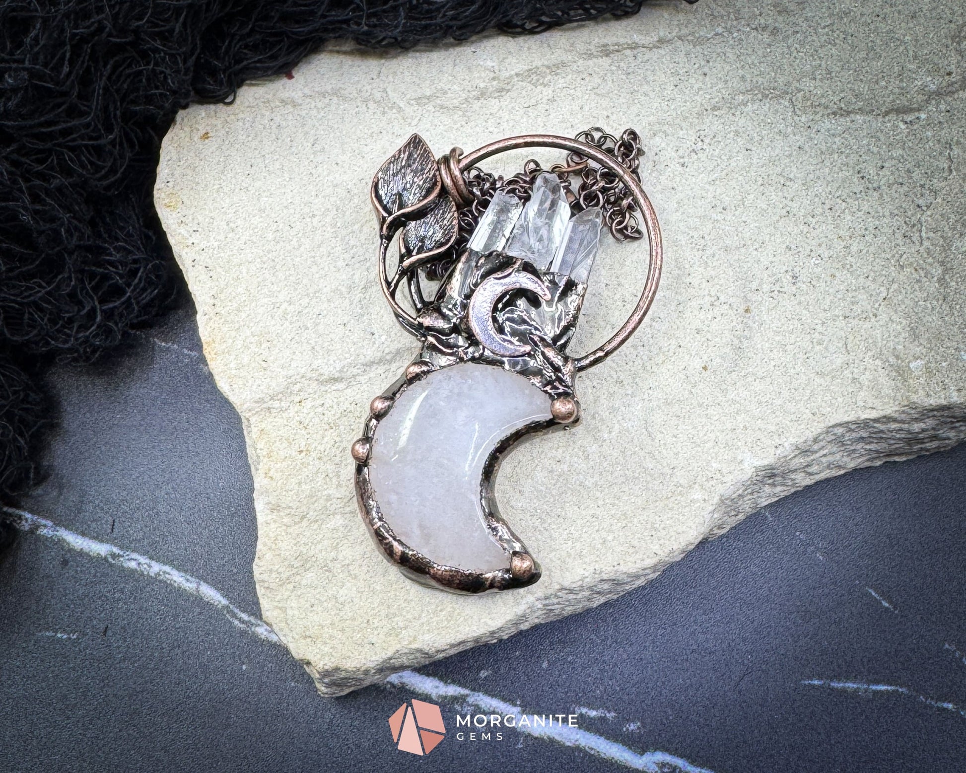 Clear Crystal Moon & Plant Pendant Necklace – Copper Gemstone Jewelry - Jewelry