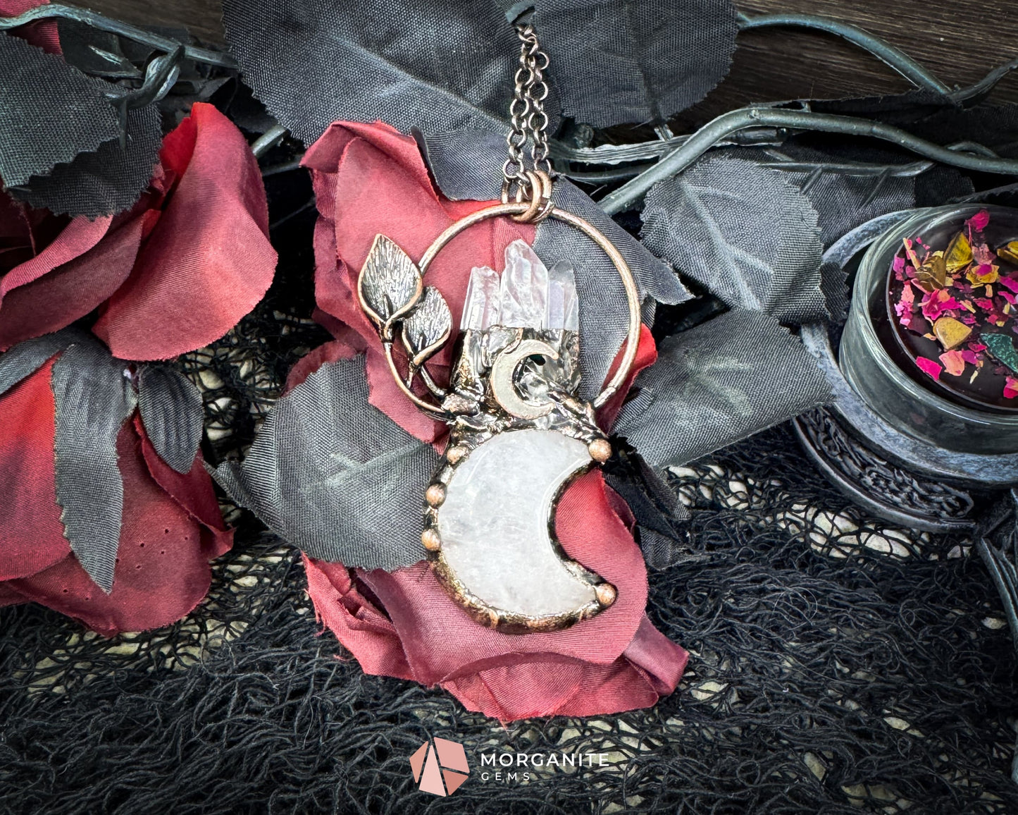 Clear Crystal Moon & Plant Pendant Necklace – Copper Gemstone Jewelry - Jewelry