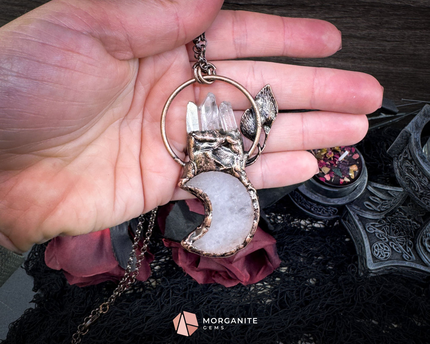Clear Crystal Moon & Plant Pendant Necklace – Copper Gemstone Jewelry - Jewelry
