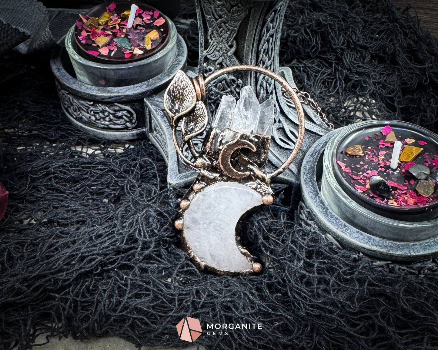 Clear Crystal Moon & Plant Pendant Necklace – Copper Gemstone Jewelry - Jewelry