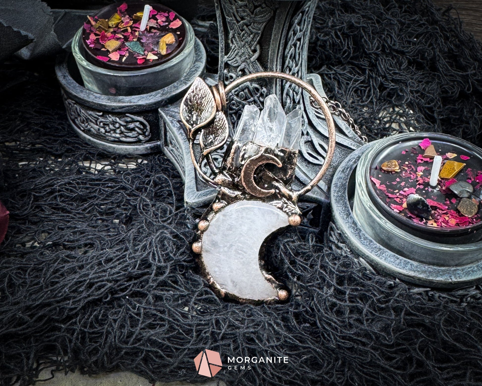 Clear Crystal Moon & Plant Pendant Necklace – Copper Gemstone Jewelry - Jewelry