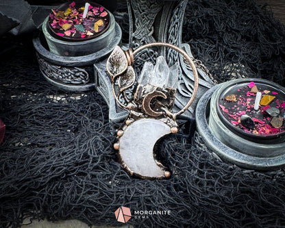 Clear Crystal Moon & Plant Pendant Necklace – Copper Gemstone Jewelry - Jewelry
