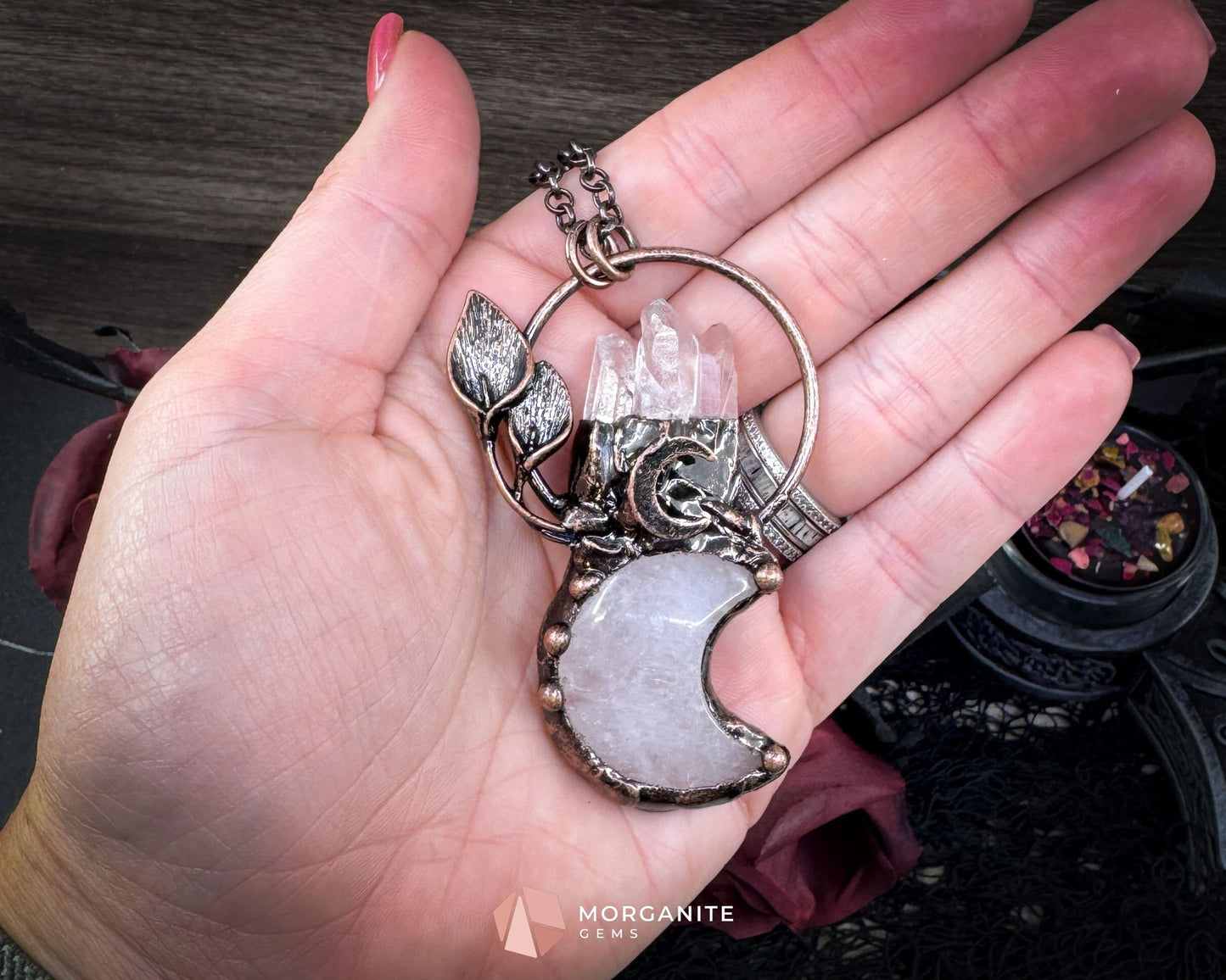 Clear Crystal Moon & Plant Pendant Necklace – Copper Gemstone Jewelry - Jewelry