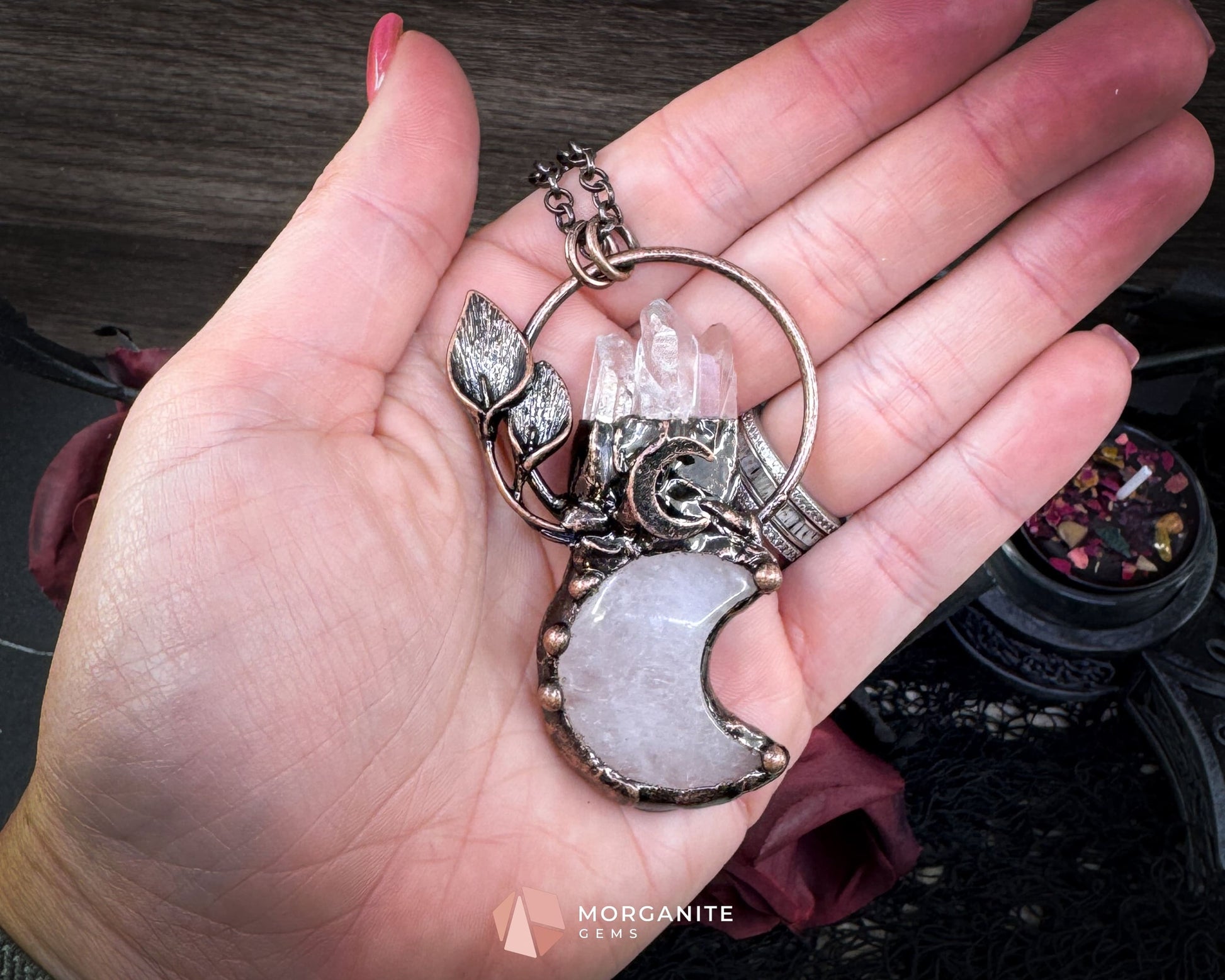 Clear Crystal Moon & Plant Pendant Necklace – Copper Gemstone Jewelry - Jewelry