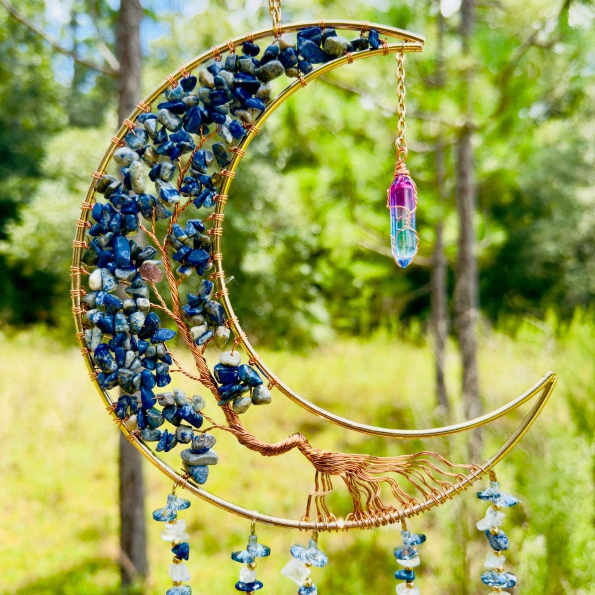 Gold Metal Crescent Moon Dreamcatcher Suncatcher with Lapis Lazuli Tree of Life & Hanging Jewel Charms