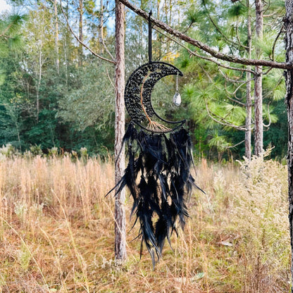 Medium Wall Hanging Crescent Moon Dream Catcher with Black Obsidian Stones & Hanging Stone Charm with Feathers Blacked