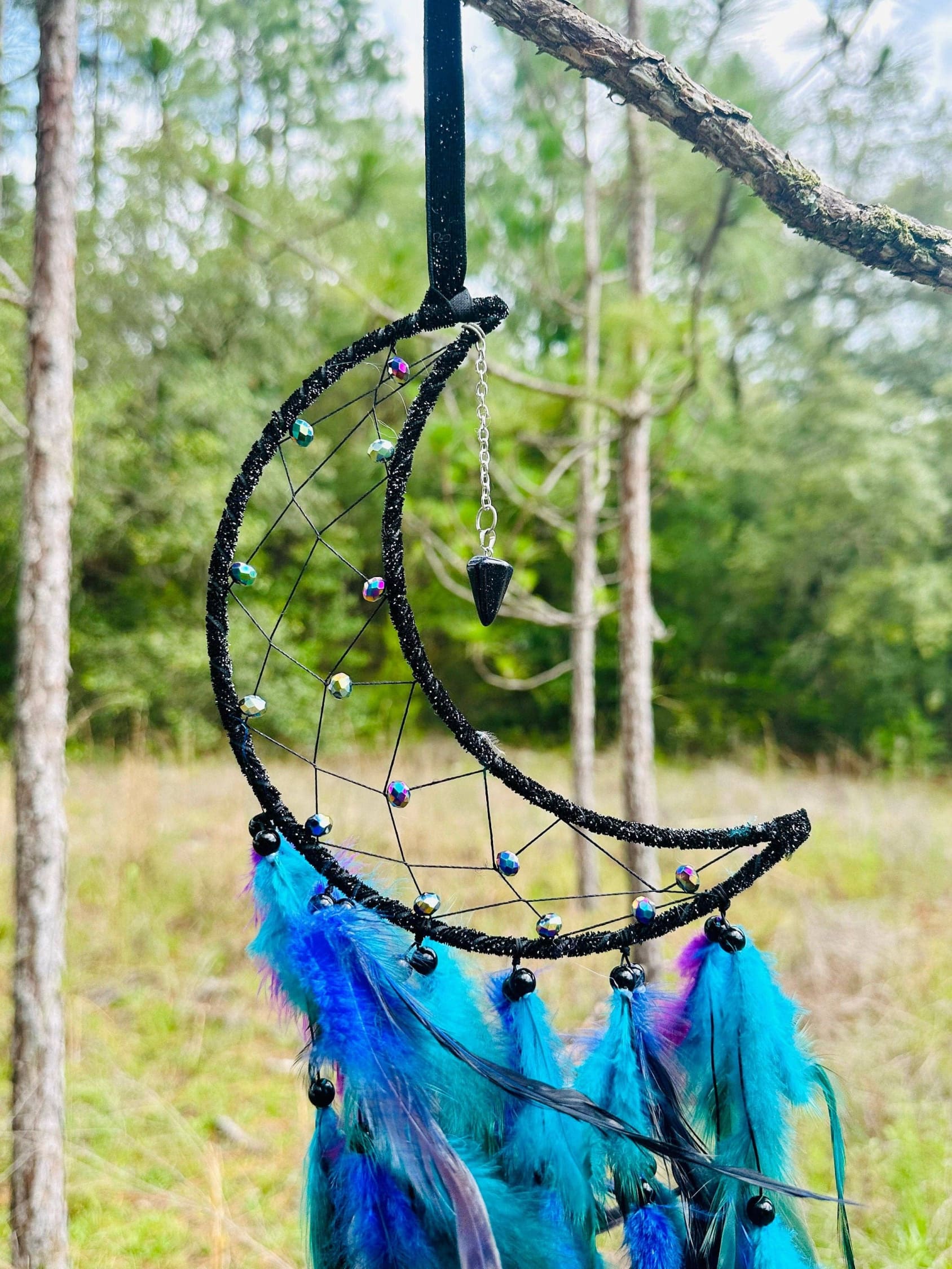 Medium Wall Hanging Crescent Moon Dream Catcher with Black Purple Green Blue Feathers and Charm Modern Boho Style Home