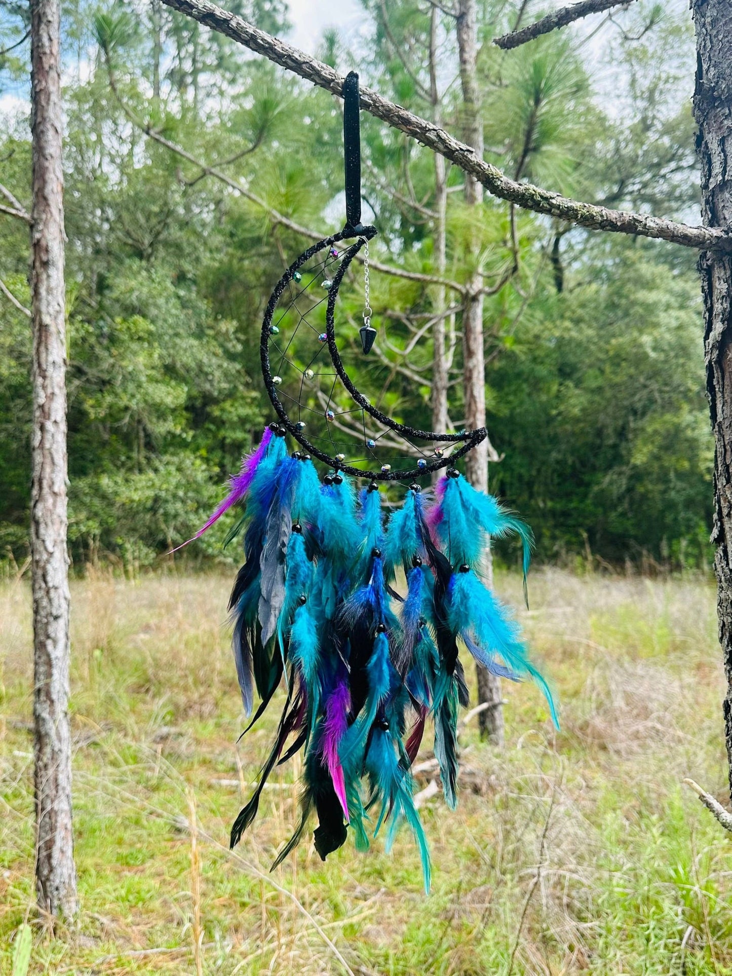 Medium Wall Hanging Crescent Moon Dream Catcher with Black Purple Green Blue Feathers and Charm Modern Boho Style Home