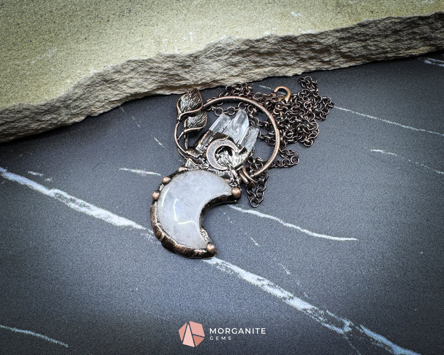 Clear Crystal Moon & Plant Pendant Necklace – Copper Gemstone Jewelry - Jewelry