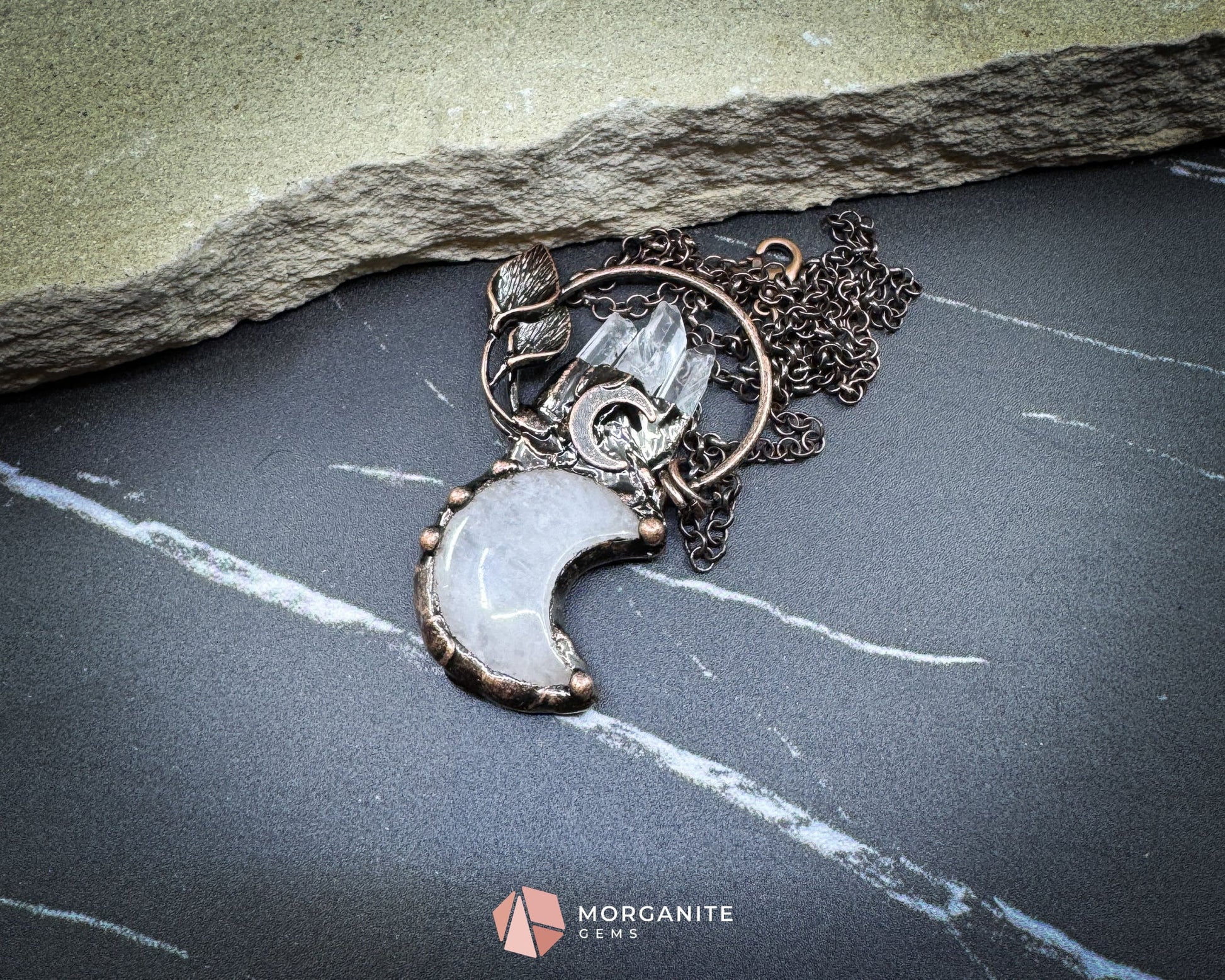 Clear Crystal Moon & Plant Pendant Necklace – Copper Gemstone Jewelry - Jewelry