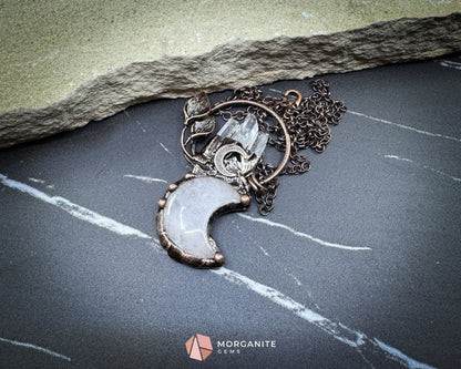 Clear Crystal Moon & Plant Pendant Necklace – Copper Gemstone Jewelry - Jewelry
