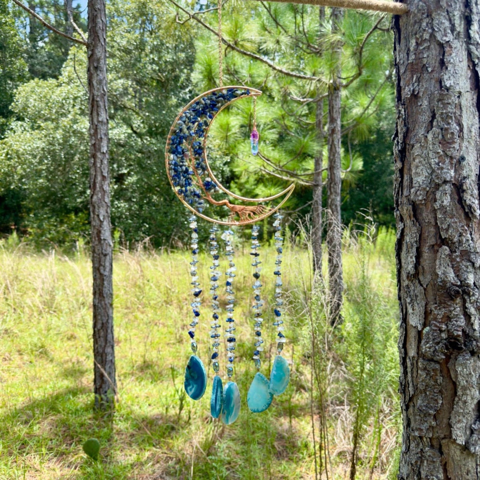 Gold Metal Crescent Moon Dreamcatcher Suncatcher with Lapis Lazuli Tree of Life & Hanging Jewel Charms