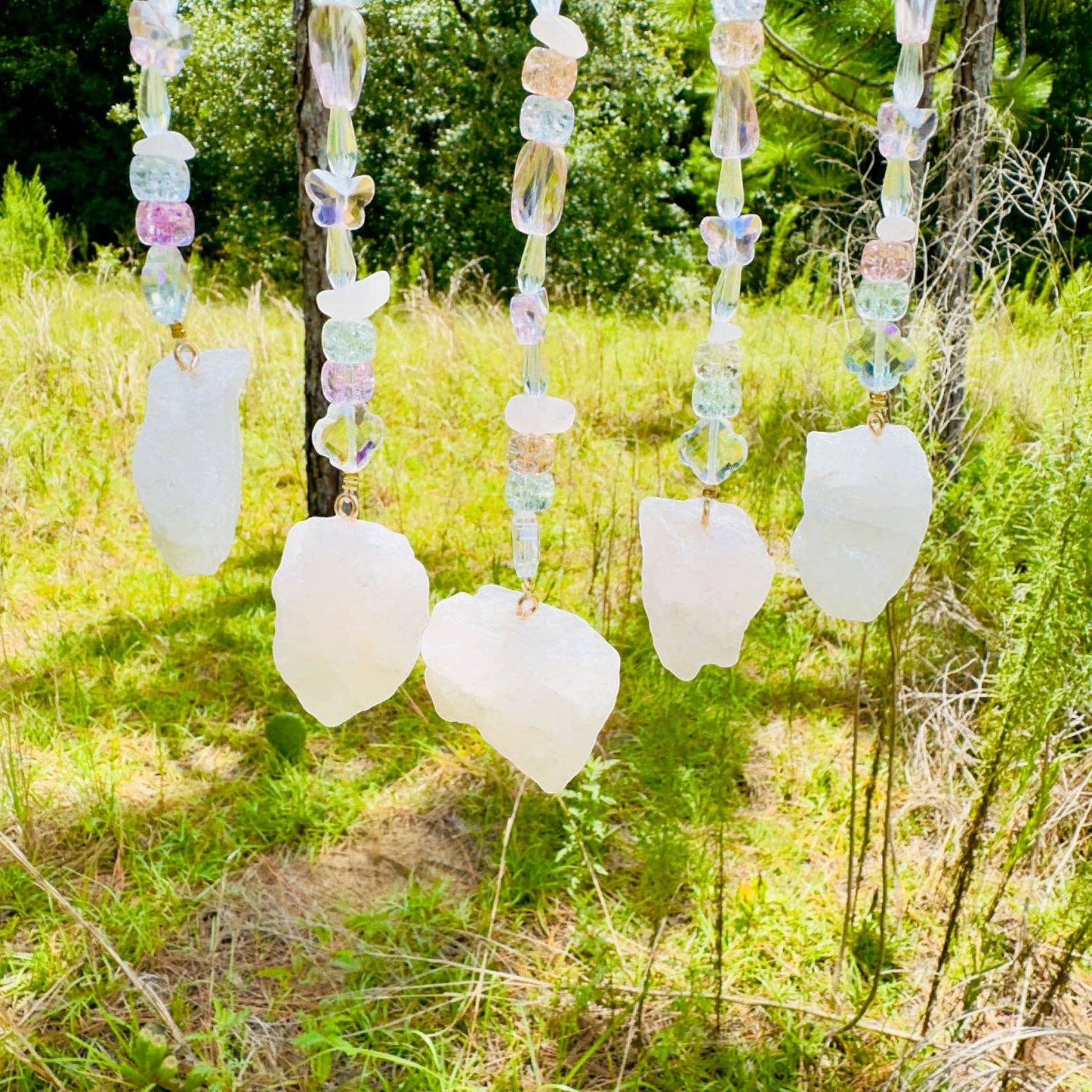 Gold Metal Crescent Moon Dreamcatcher Suncatcher with Rose Quartz Tree of Life & Hanging Jewel Charms -- Window Hanging