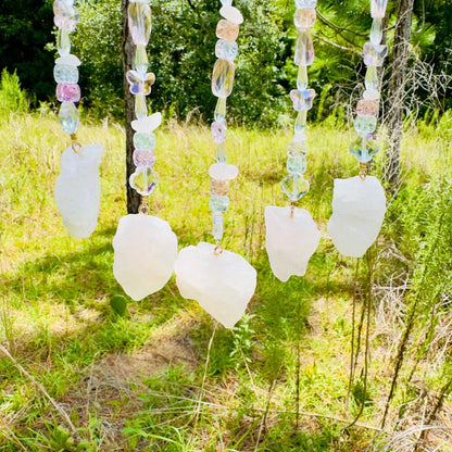 Gold Metal Crescent Moon Dreamcatcher Suncatcher with Rose Quartz Tree of Life & Hanging Jewel Charms -- Window Hanging