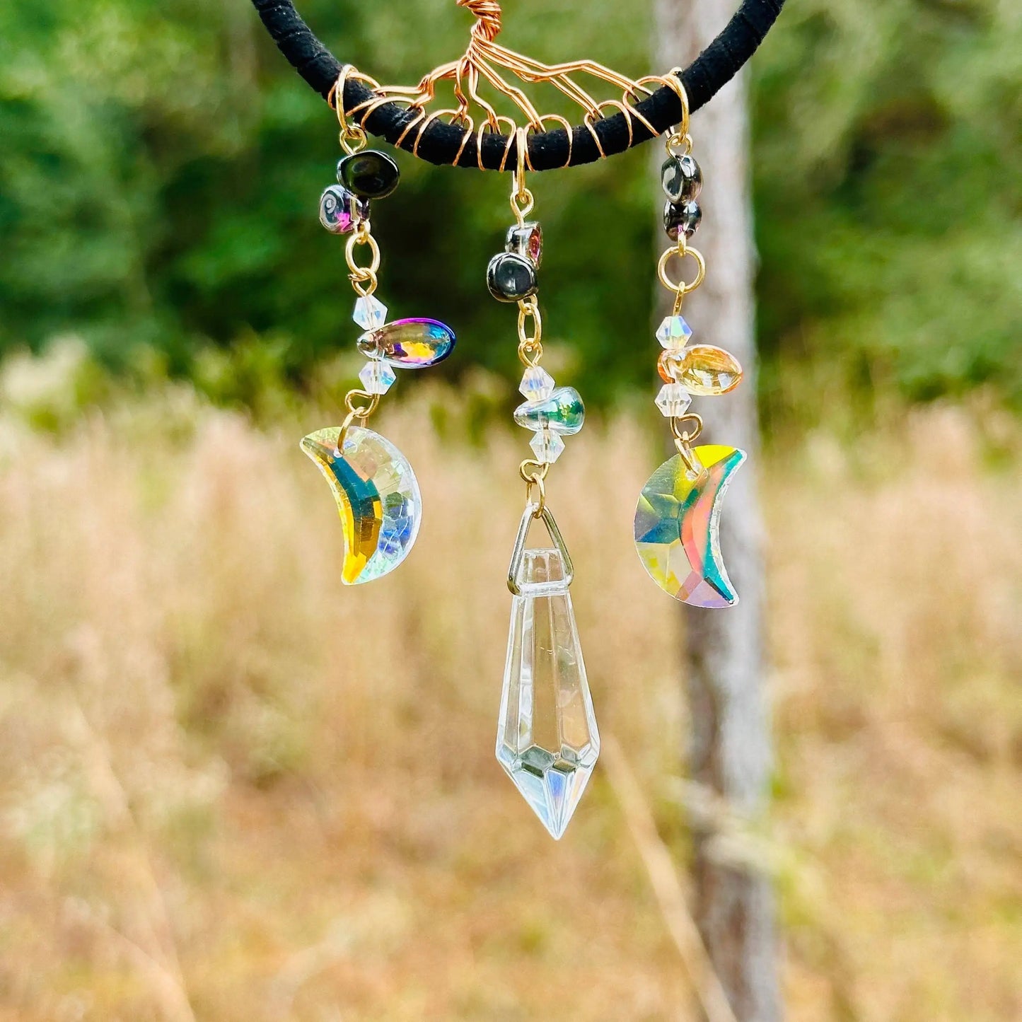 Handmade Tree of Life Dreamcatcher with Crystal Moons - Rearview Mirror Suncatcher Hanging or Wall Hanging -- Quick