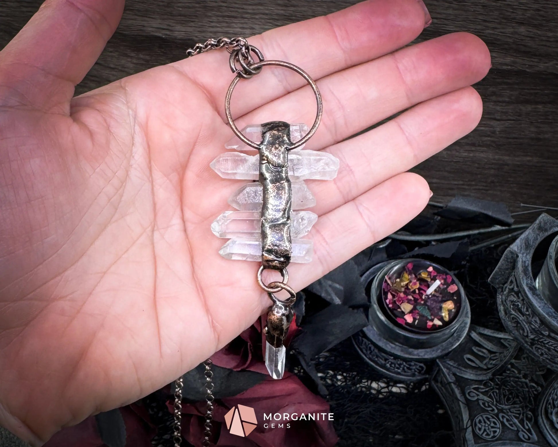 Irregular Clear Quartz Tassel Necklace – Six-Piece Gemstone Pendant on Copper Chain - Jewelry