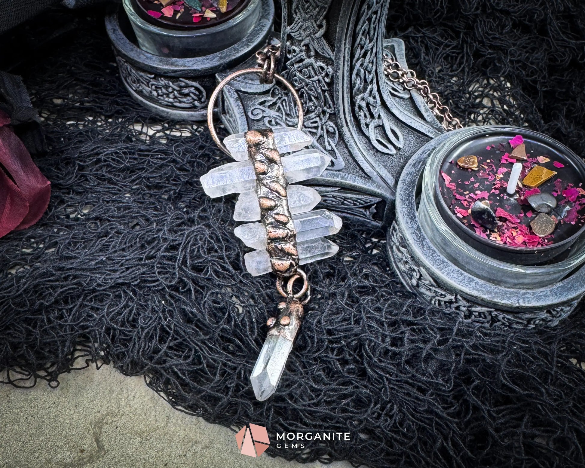 Irregular Clear Quartz Tassel Necklace – Six-Piece Gemstone Pendant on Copper Chain - Jewelry