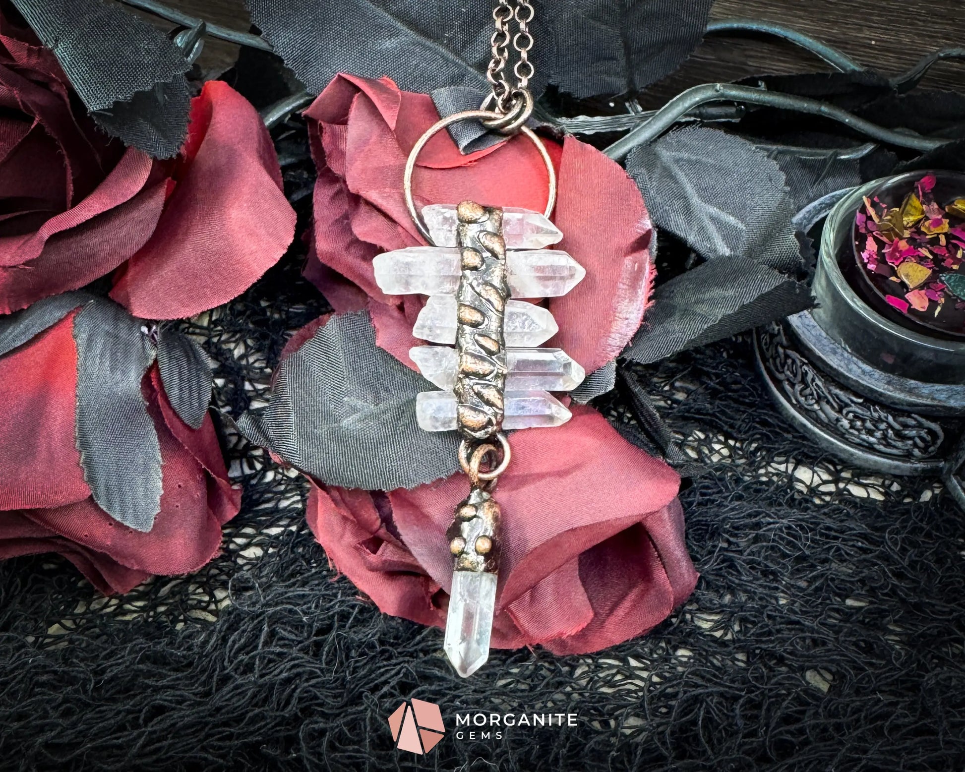 Irregular Clear Quartz Tassel Necklace – Six-Piece Gemstone Pendant on Copper Chain - Jewelry