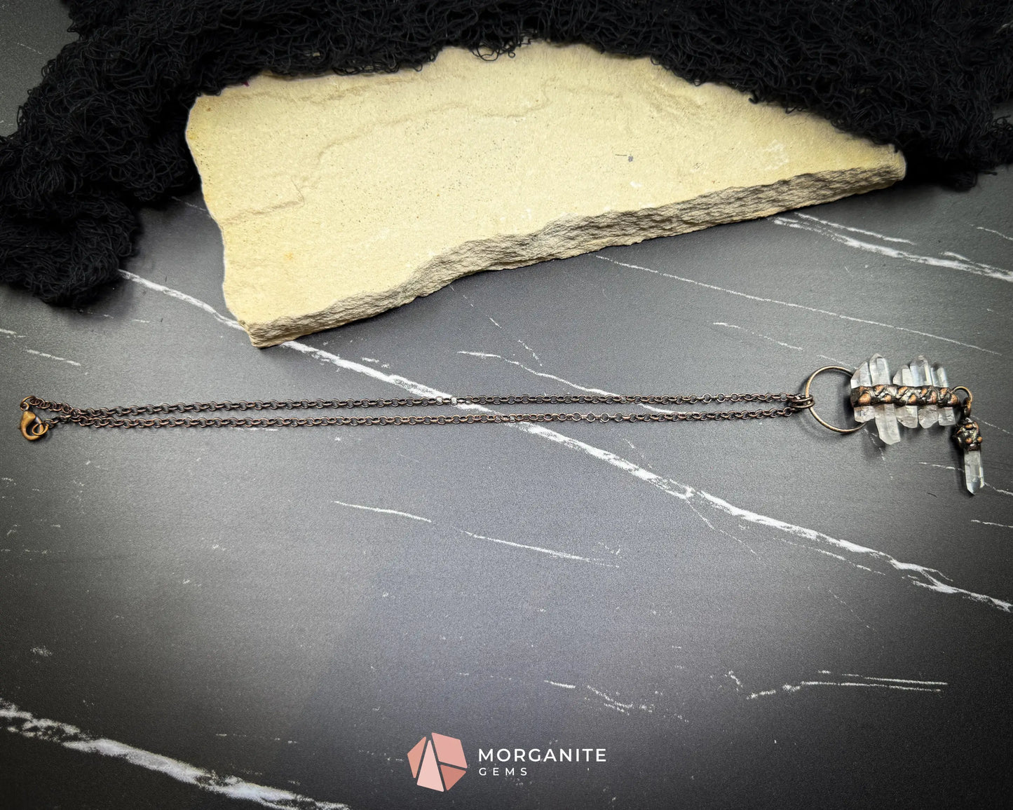 Irregular Clear Quartz Tassel Necklace – Six-Piece Gemstone Pendant on Copper Chain - Jewelry