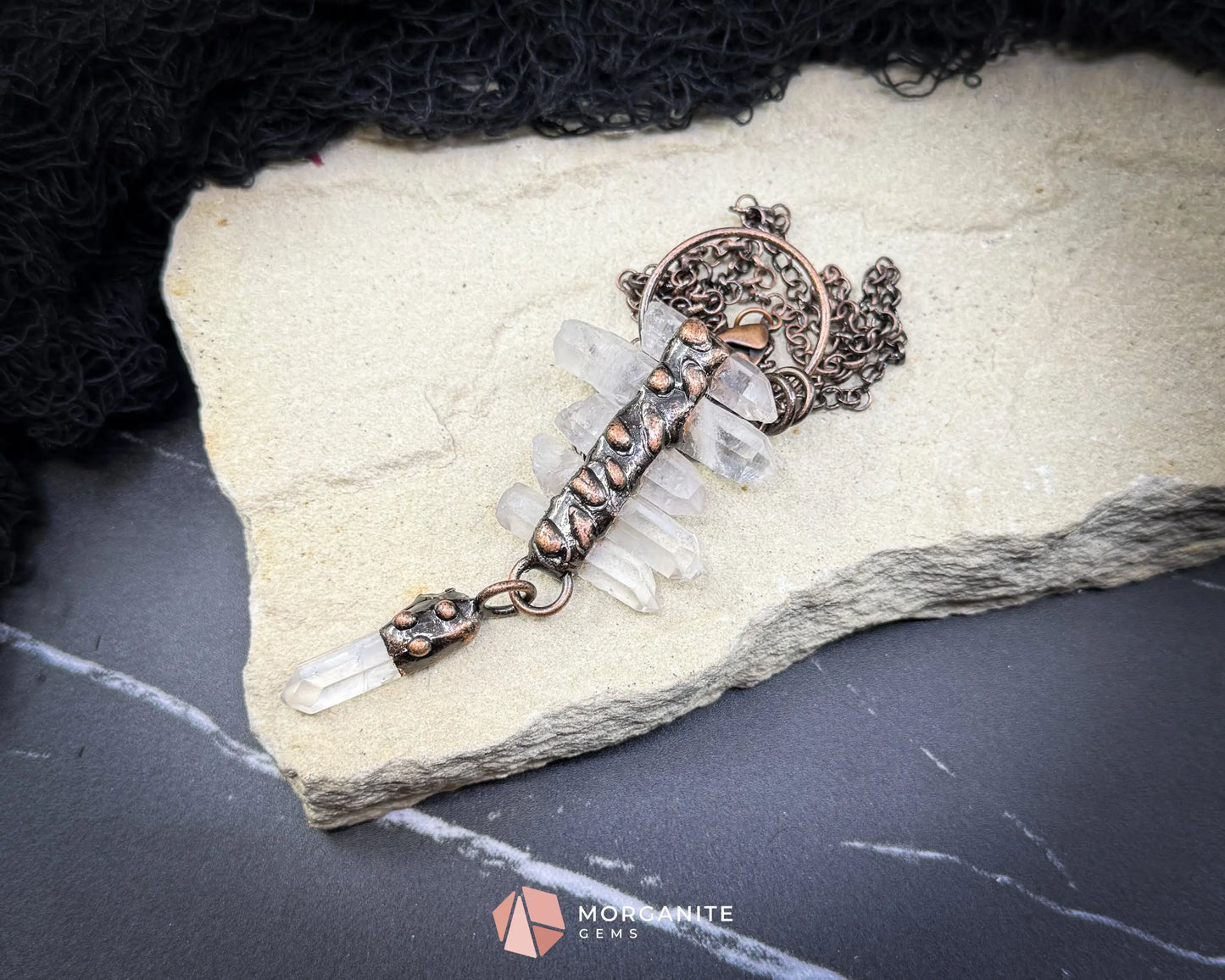 Irregular Clear Quartz Tassel Necklace – Six-Piece Gemstone Pendant on Copper Chain - Jewelry