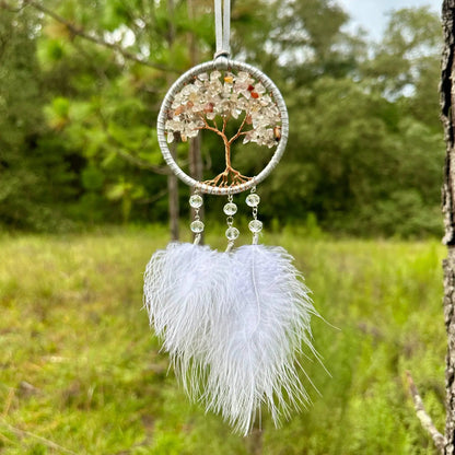 Handmade White Tree of Life Dreamcatcher with White Feathers - Rearview Mirror Hanging or Wall Hanging -- Quick Ship!