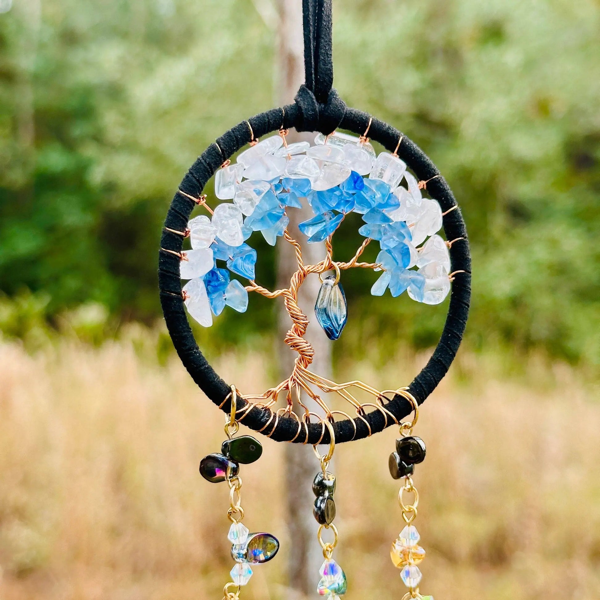 Handmade Tree of Life Dreamcatcher with Crystal Moons - Rearview Mirror Suncatcher Hanging or Wall Hanging -- Quick