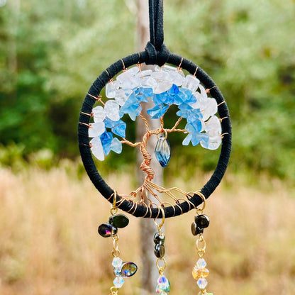 Handmade Tree of Life Dreamcatcher with Crystal Moons - Rearview Mirror Suncatcher Hanging or Wall Hanging -- Quick