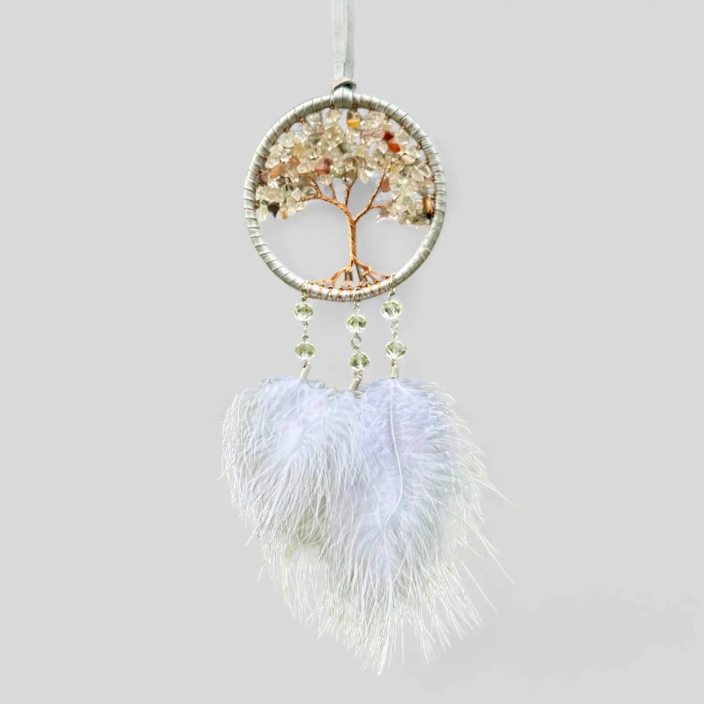 Handmade White Tree of Life Dreamcatcher with White Feathers - Rearview Mirror Hanging or Wall Hanging -- Quick Ship!