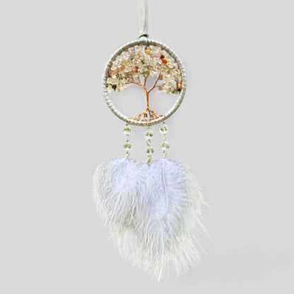 Handmade White Tree of Life Dreamcatcher with White Feathers - Rearview Mirror Hanging or Wall Hanging -- Quick Ship!