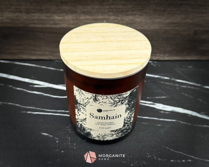 Samhain Soy Candle – 8 oz Brown Frosted Glass | Crystal & Herb Fall Candle | Witchy Decor Halloween Ritual Ancestor