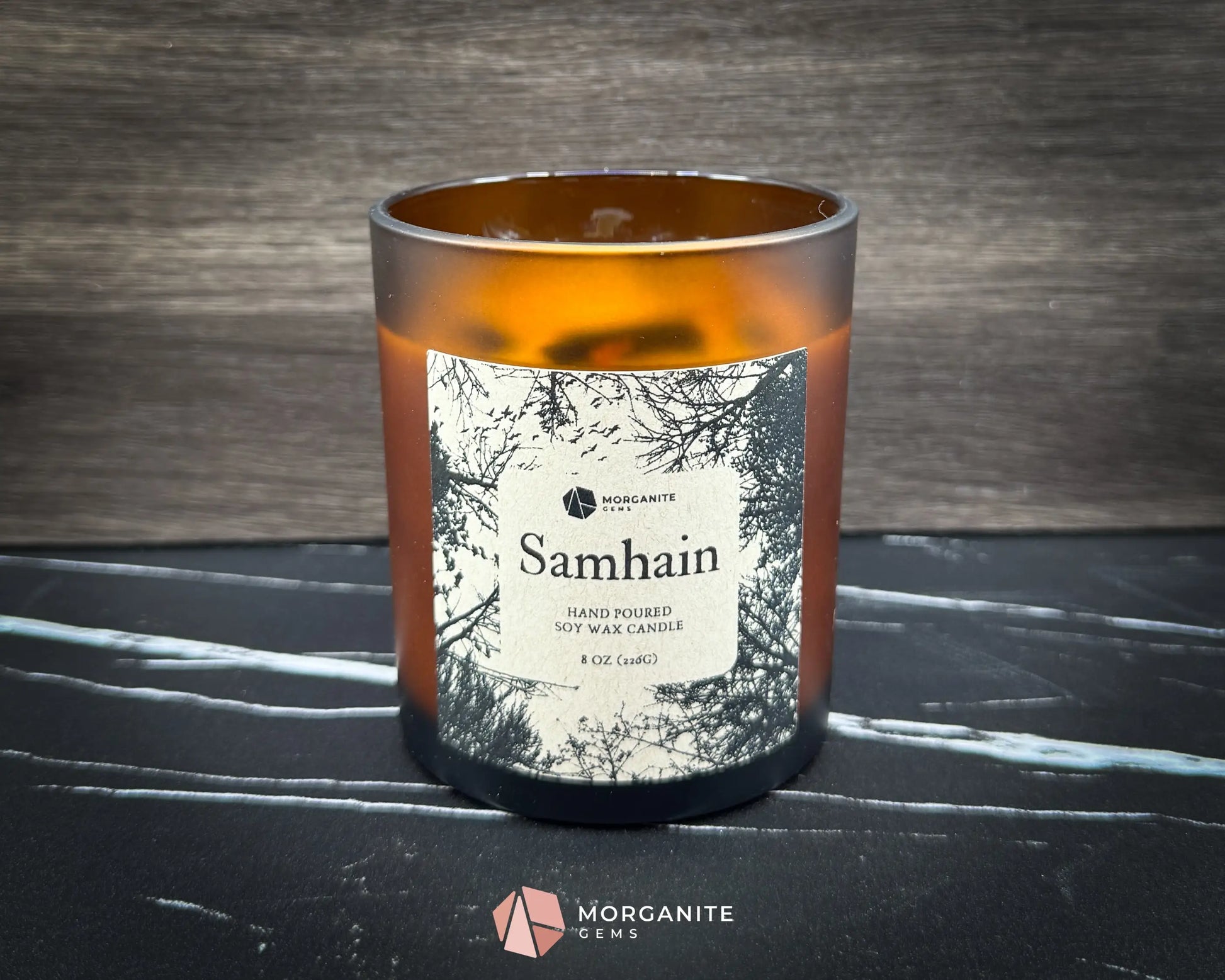 Samhain Soy Candle – 8 oz Brown Frosted Glass | Crystal & Herb Fall Candle | Witchy Decor Halloween Ritual Ancestor