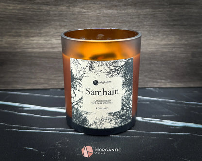 Samhain Soy Candle – 8 oz Brown Frosted Glass | Crystal & Herb Fall Candle | Witchy Decor Halloween Ritual Ancestor