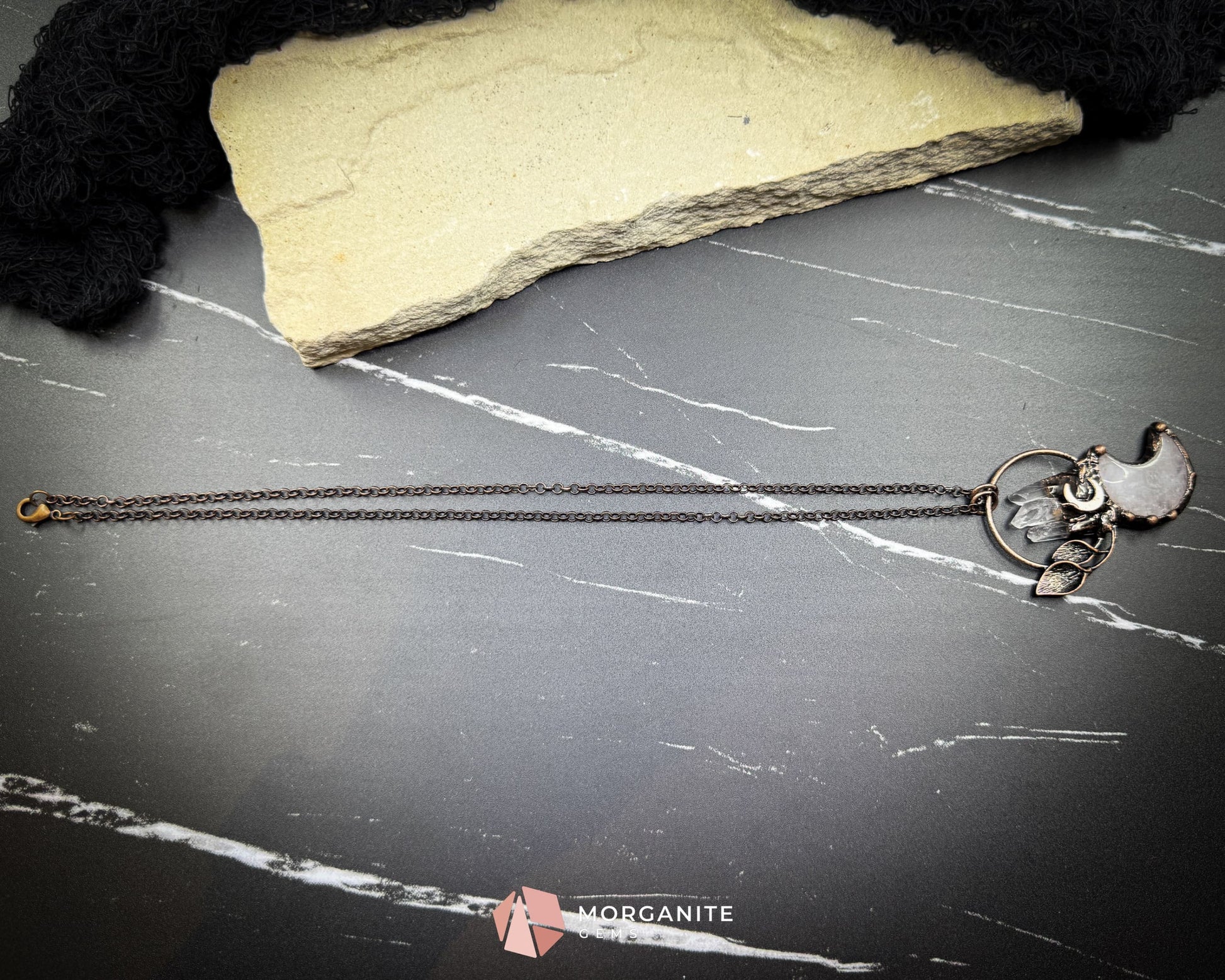 Clear Crystal Moon & Plant Pendant Necklace – Copper Gemstone Jewelry - Jewelry