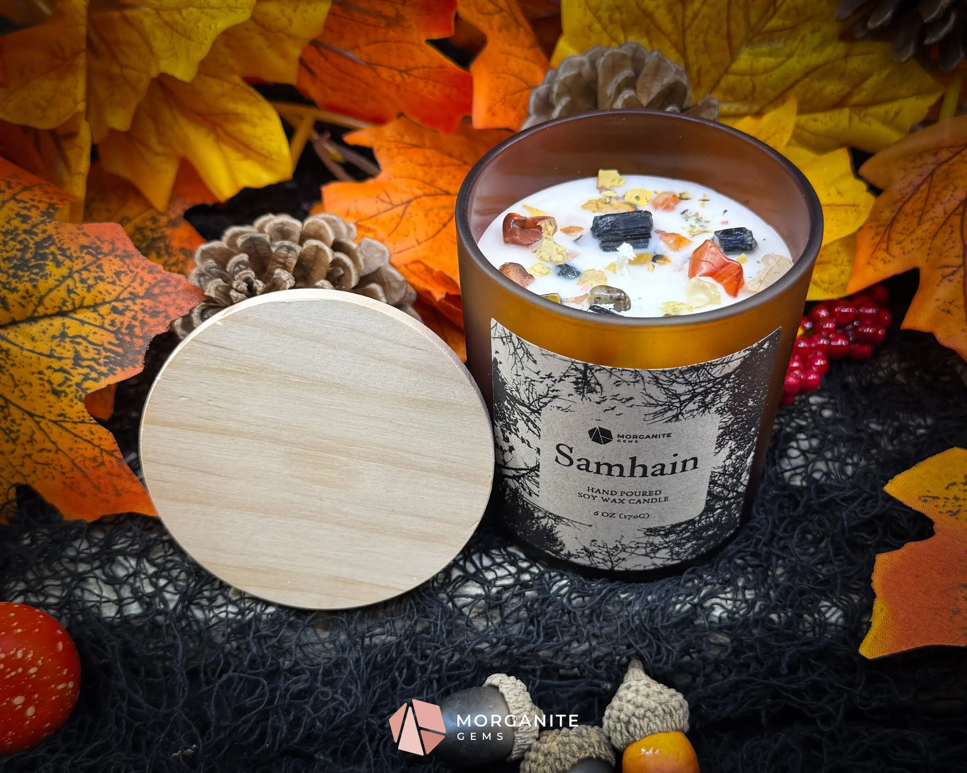 6 oz Samhain Candle – Autumn Witch Candle with Crystals | Warm Smoky Apple Blend | Sabbat Ritual Candle - Container