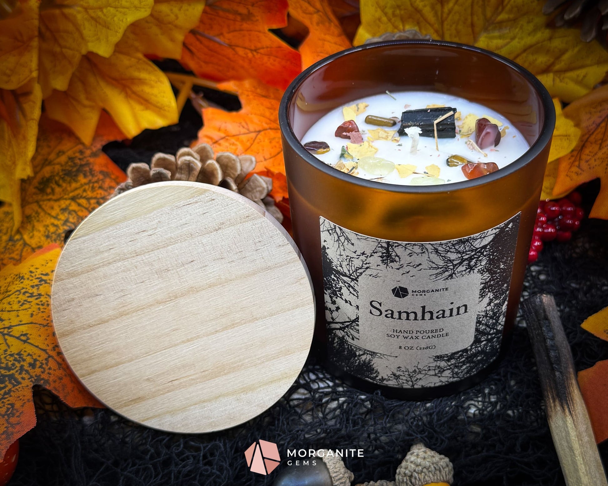 Samhain Soy Candle – 8 oz Brown Frosted Glass | Crystal & Herb Fall Candle | Witchy Decor Halloween Ritual Ancestor
