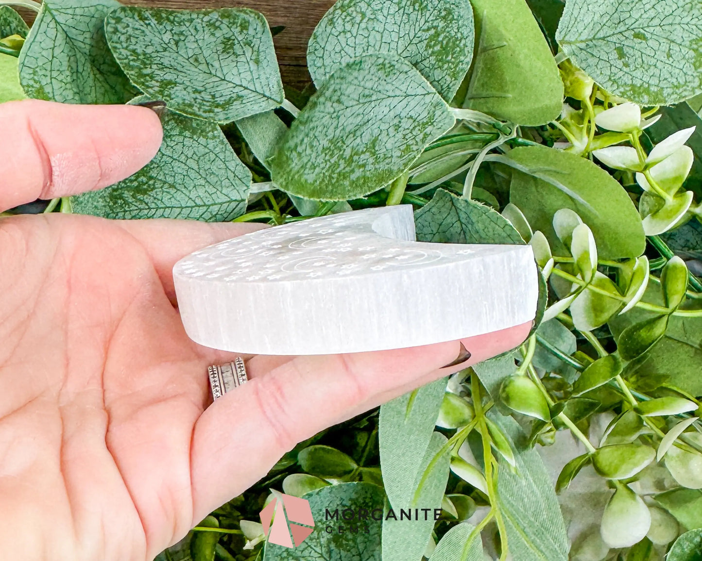 Engraved Selenite Crescent Moon 3.6’’ Celestial Satin Spar Crystal for Intuition Cleansing & Altar Decor - Metaphysical