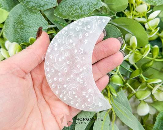 Engraved Selenite Crescent Moon 3.6’’ Celestial Satin Spar Crystal for Intuition Cleansing & Altar Decor - Metaphysical