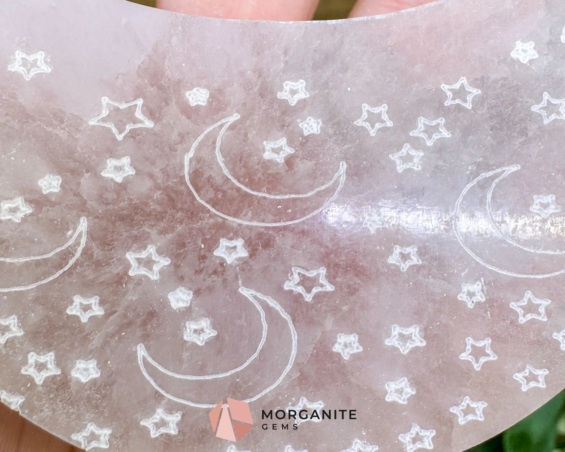 Engraved Selenite Crescent Moon 3.6’’ Celestial Satin Spar Crystal for Intuition Cleansing & Altar Decor - Metaphysical