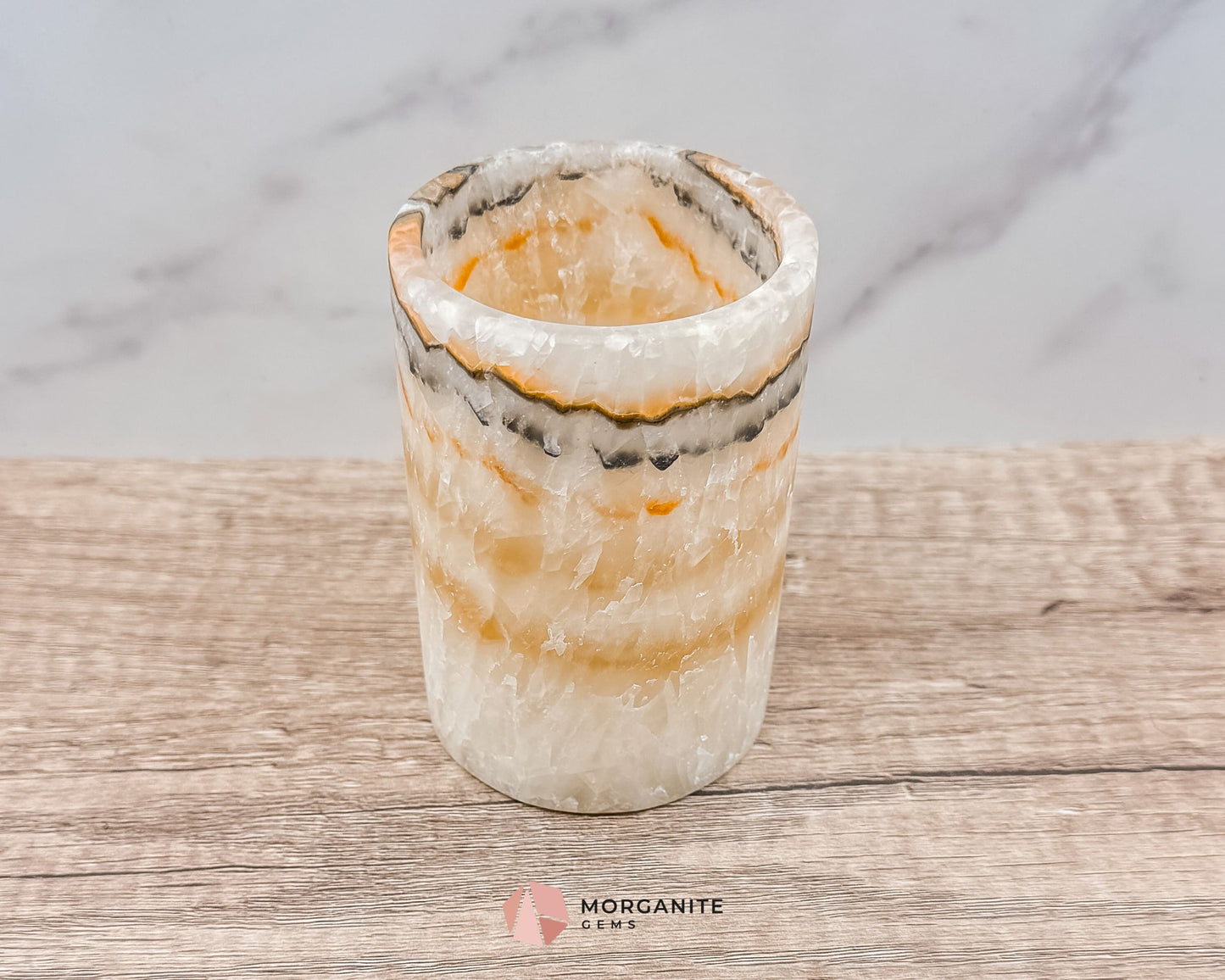 Fire & Ice Onyx Tumbler – Striking Natural Stone Vessel for Decor & Multi-Purpose Use-Morganite Gems