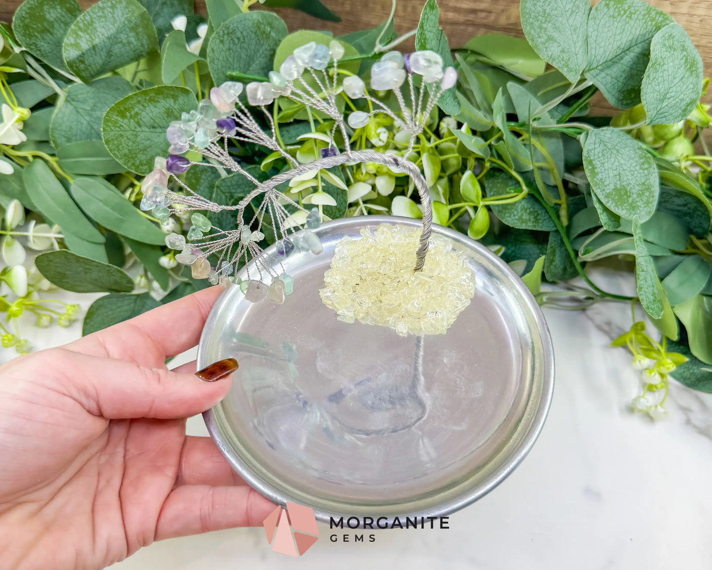 Fluorite Gemstone Tree Incense Holder – Silver Smudge Stick Station for Intuition & Mental Clarity - Incense