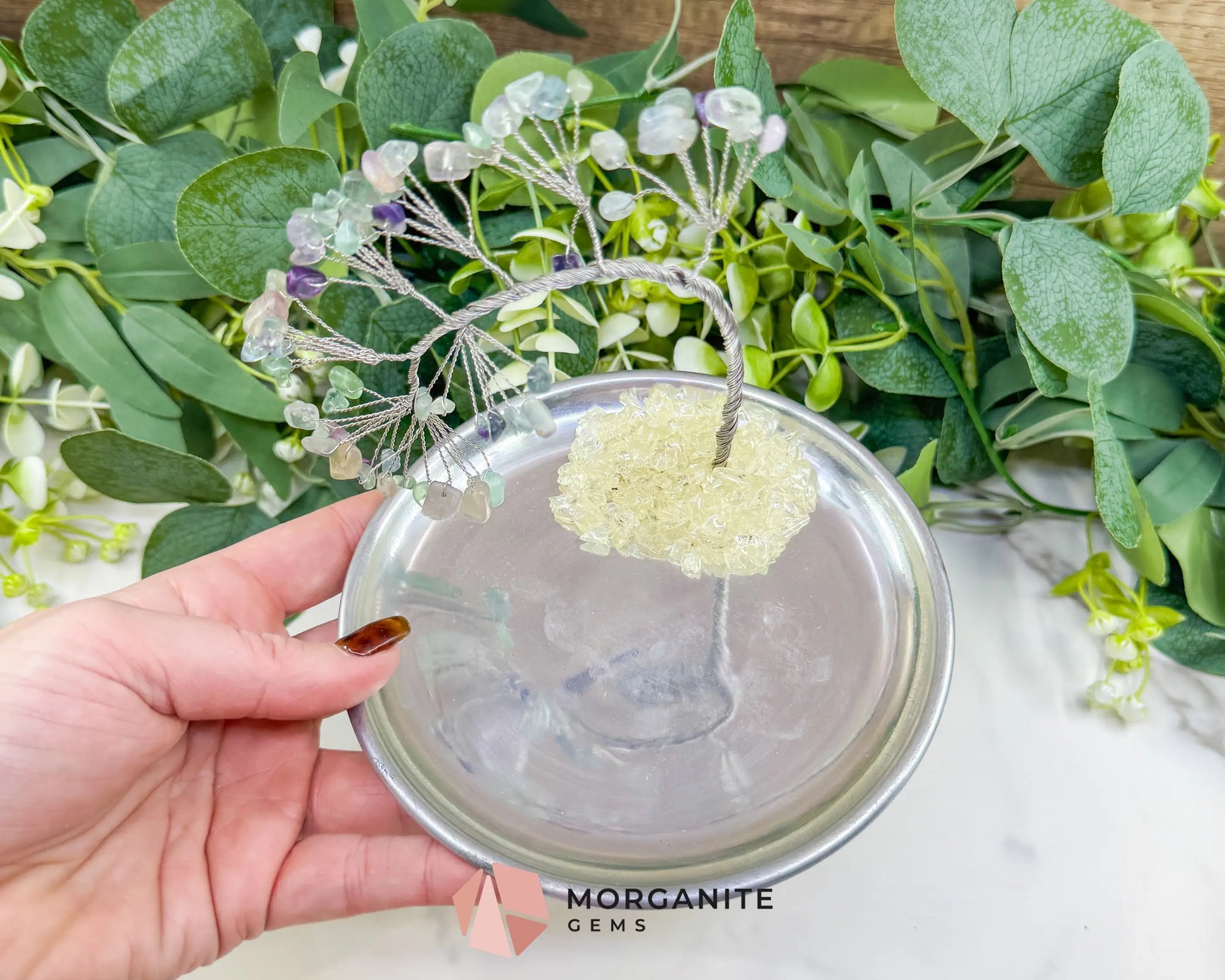 Fluorite Gemstone Tree Incense Holder – Silver Smudge Stick Station for Intuition & Mental Clarity - Incense