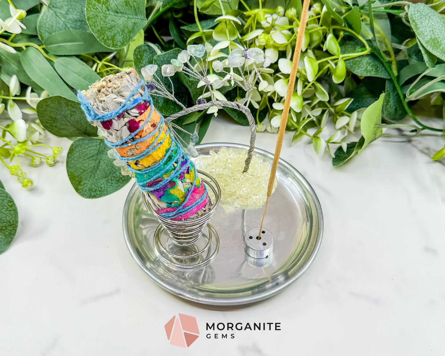 Fluorite Gemstone Tree Incense Holder – Silver Smudge Stick Station for Intuition & Mental Clarity - Incense