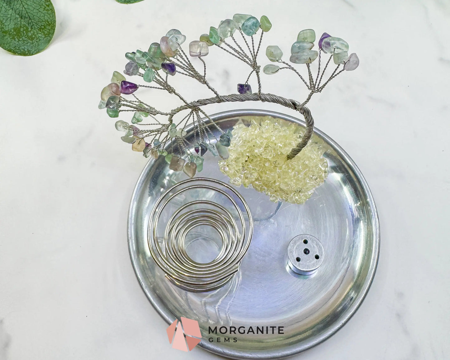 Fluorite Gemstone Tree Incense Holder – Silver Smudge Stick Station for Intuition & Mental Clarity - Incense